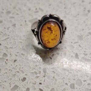 Sterling Silver Vintage Baltic Amber Ring | 925 Amber Statement Ring | Retro Hon